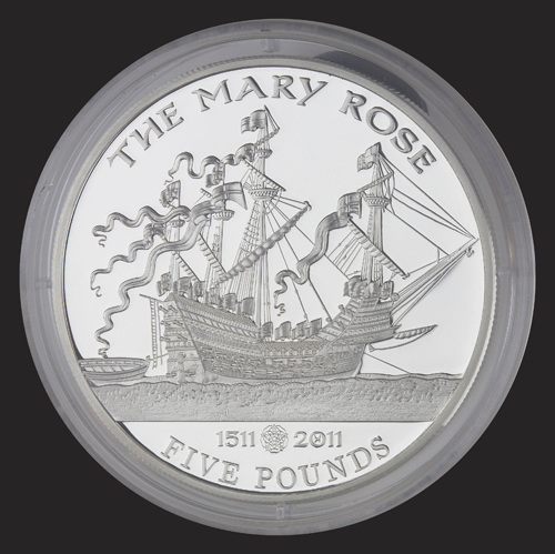 A £5 commemorative coin with the image of Anthony Roll's painting of Mary Rose. Commissioned by the Government of Jersey.